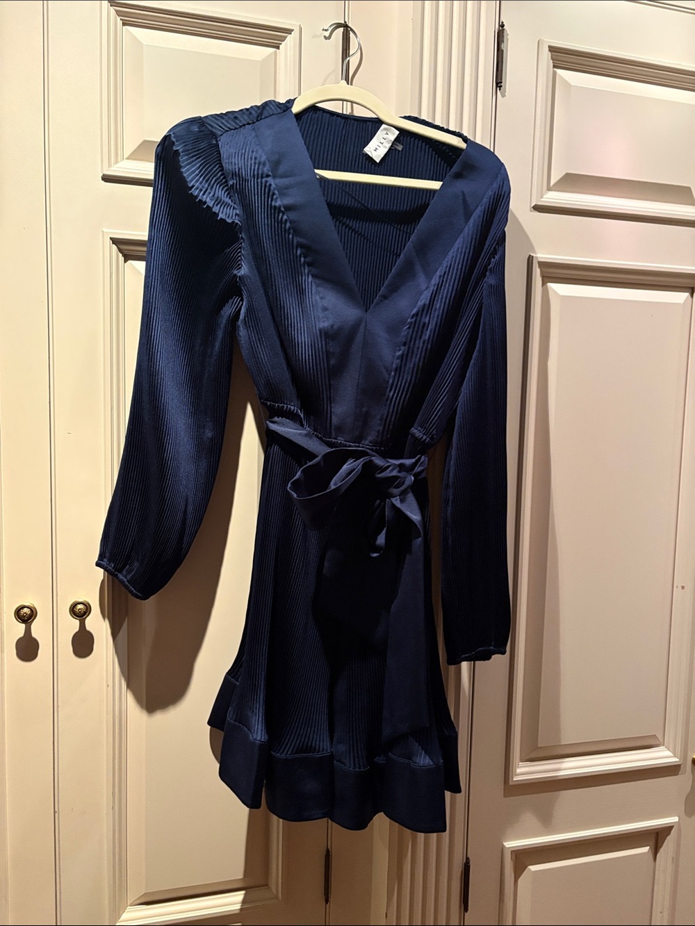 Milly Deep Navy V-Neck Pleated Mini Dress with Self Tie